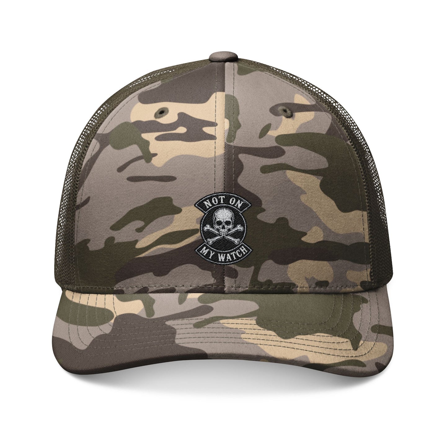 Not On My Watch Camo Trucker Hat — Embroidered Mesh Back Cap