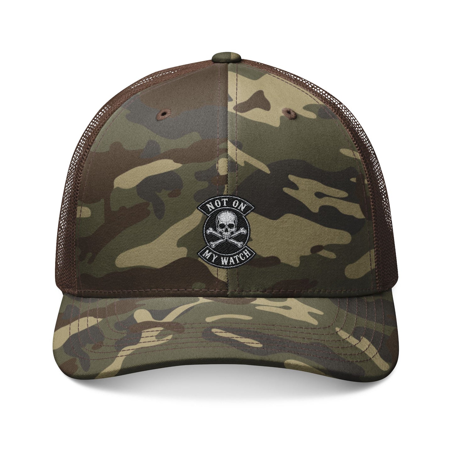 Not On My Watch Camo Trucker Hat — Embroidered Mesh Back Cap