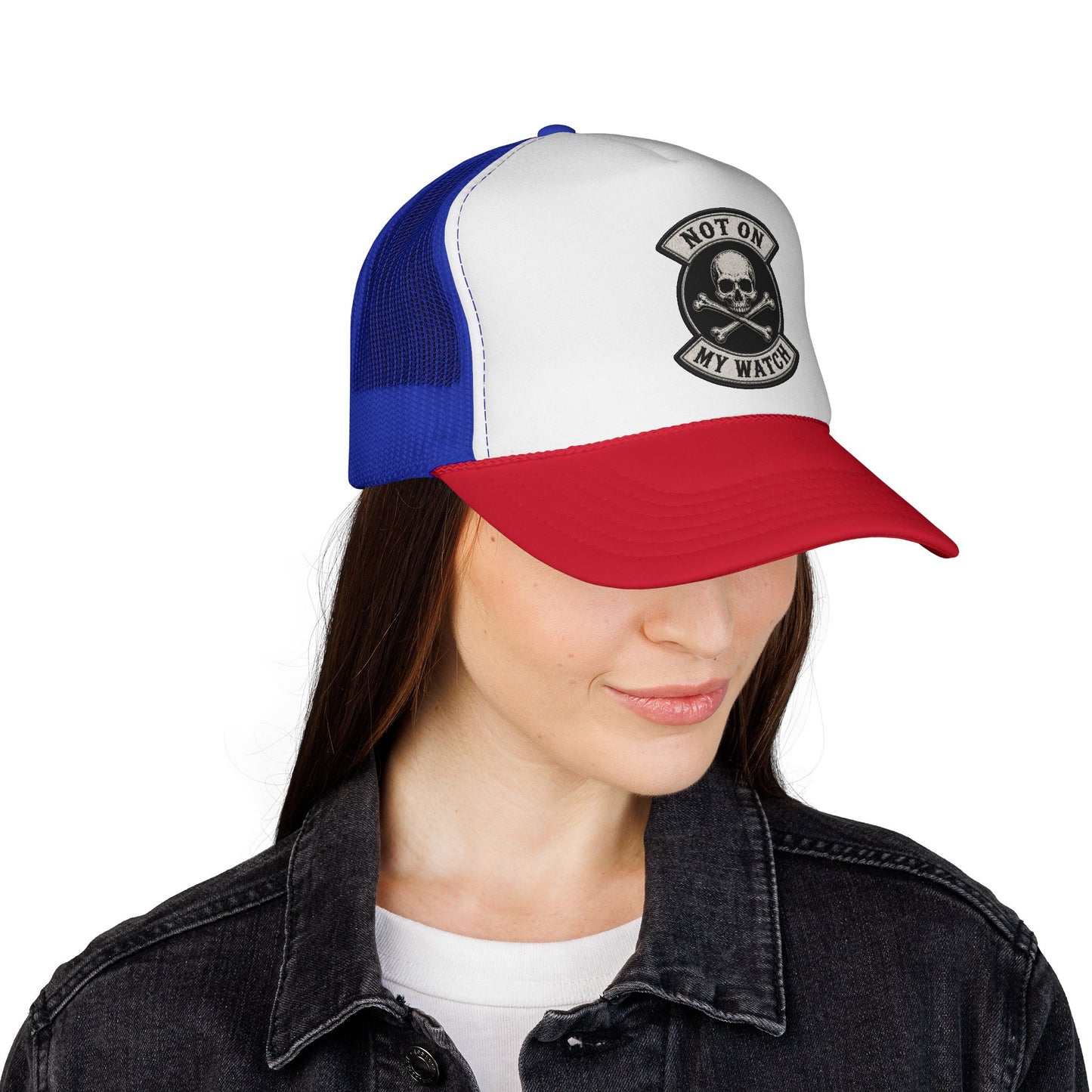 Not On My Watch Trucker Cap – Skull & Crossbones Patch Hat