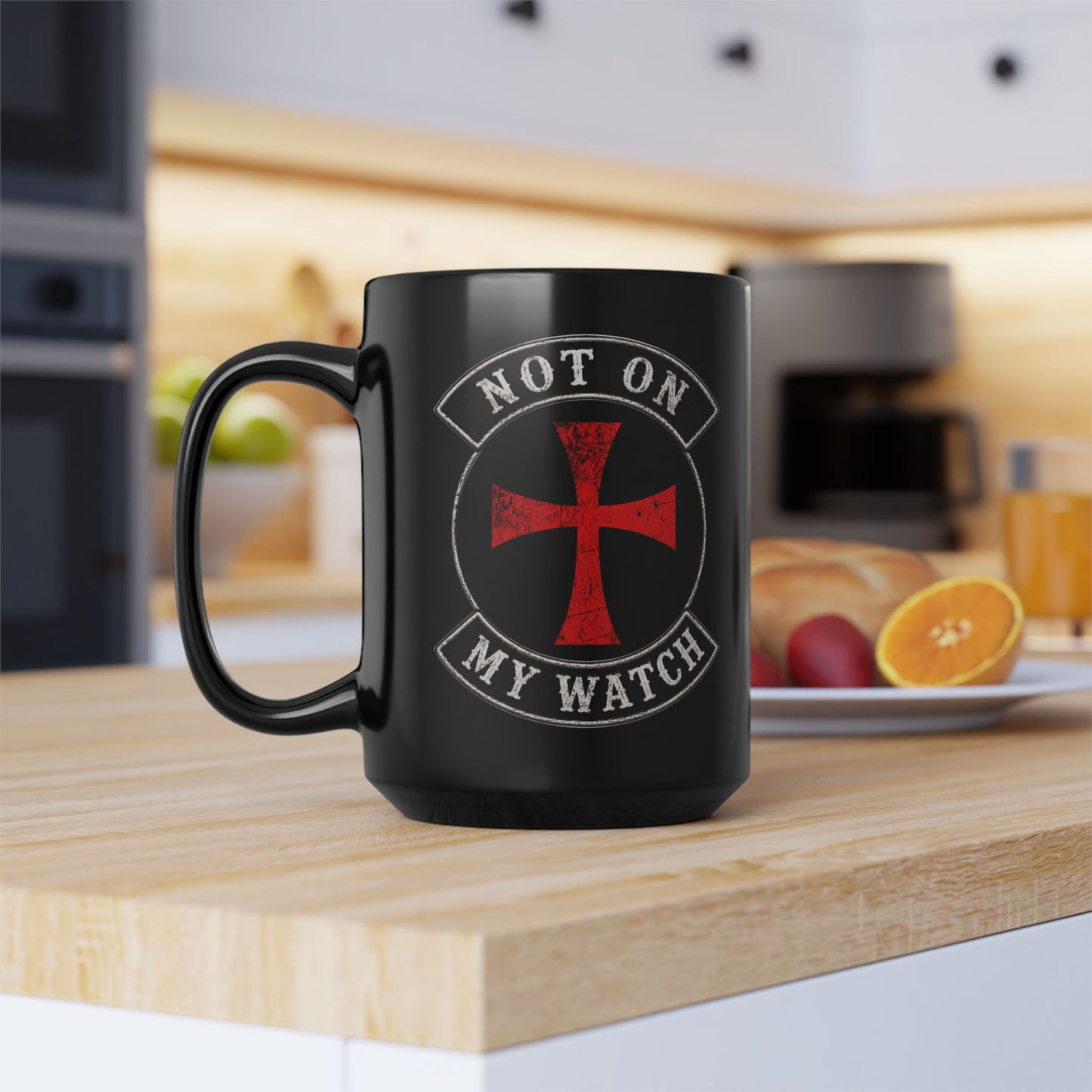 Not On My Watch Cross Mug — 15oz Black Ceramic Coffee Cup