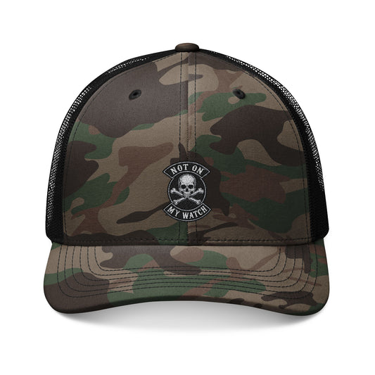 Not On My Watch Camo Trucker Hat — Embroidered Mesh Back Cap