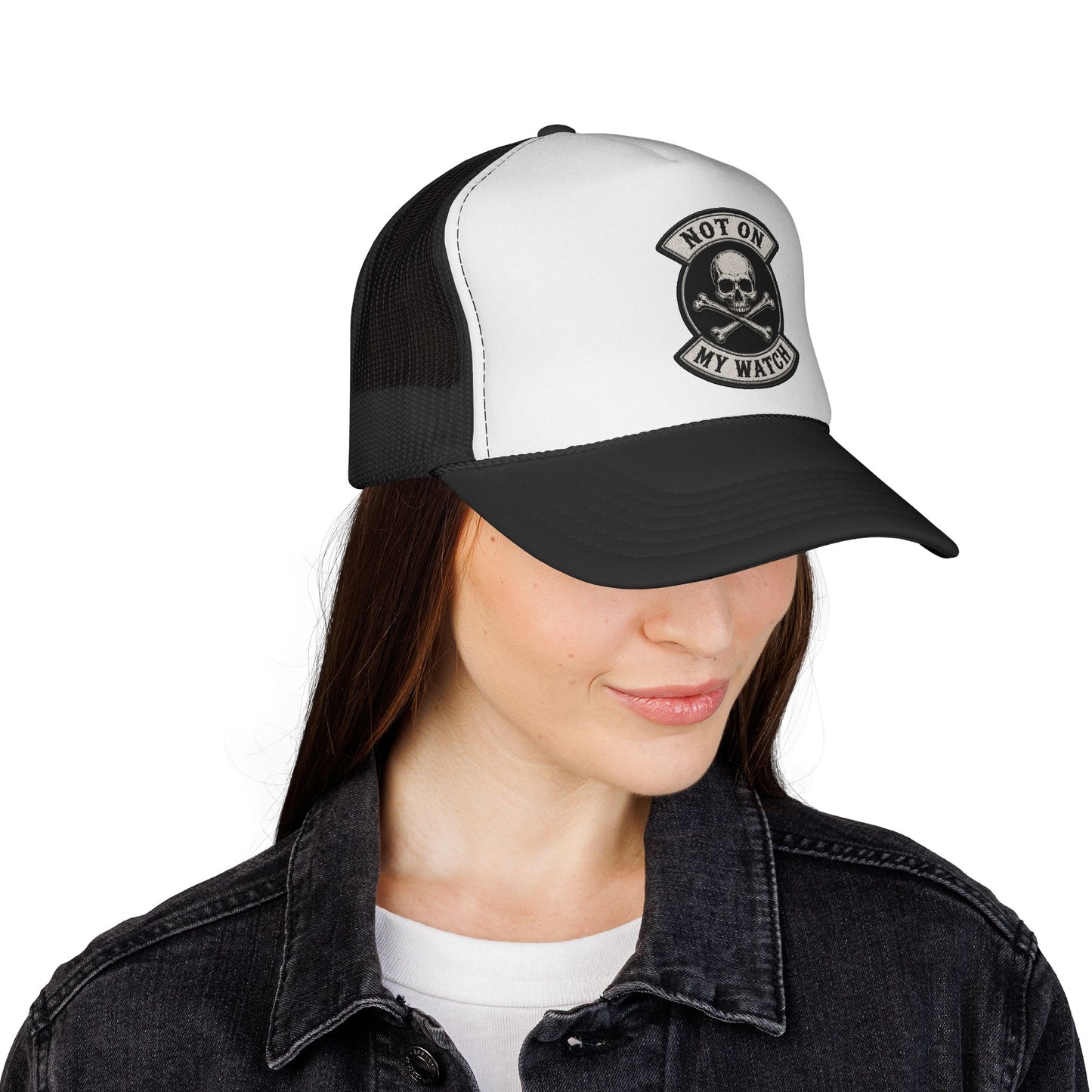 Not On My Watch Trucker Cap – Skull & Crossbones Patch Hat