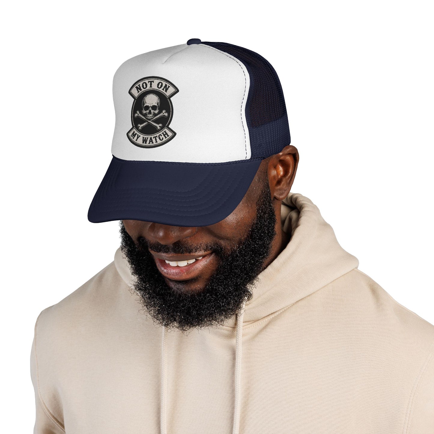 Not On My Watch Trucker Cap – Skull & Crossbones Patch Hat