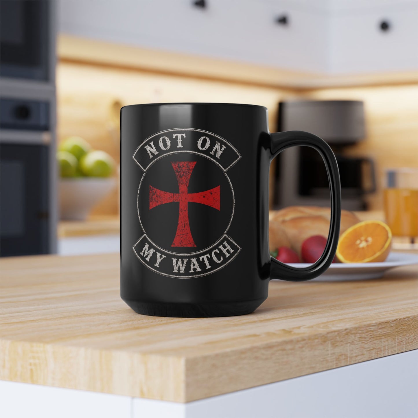 Not On My Watch Cross Mug — 15oz Black Ceramic Coffee Cup