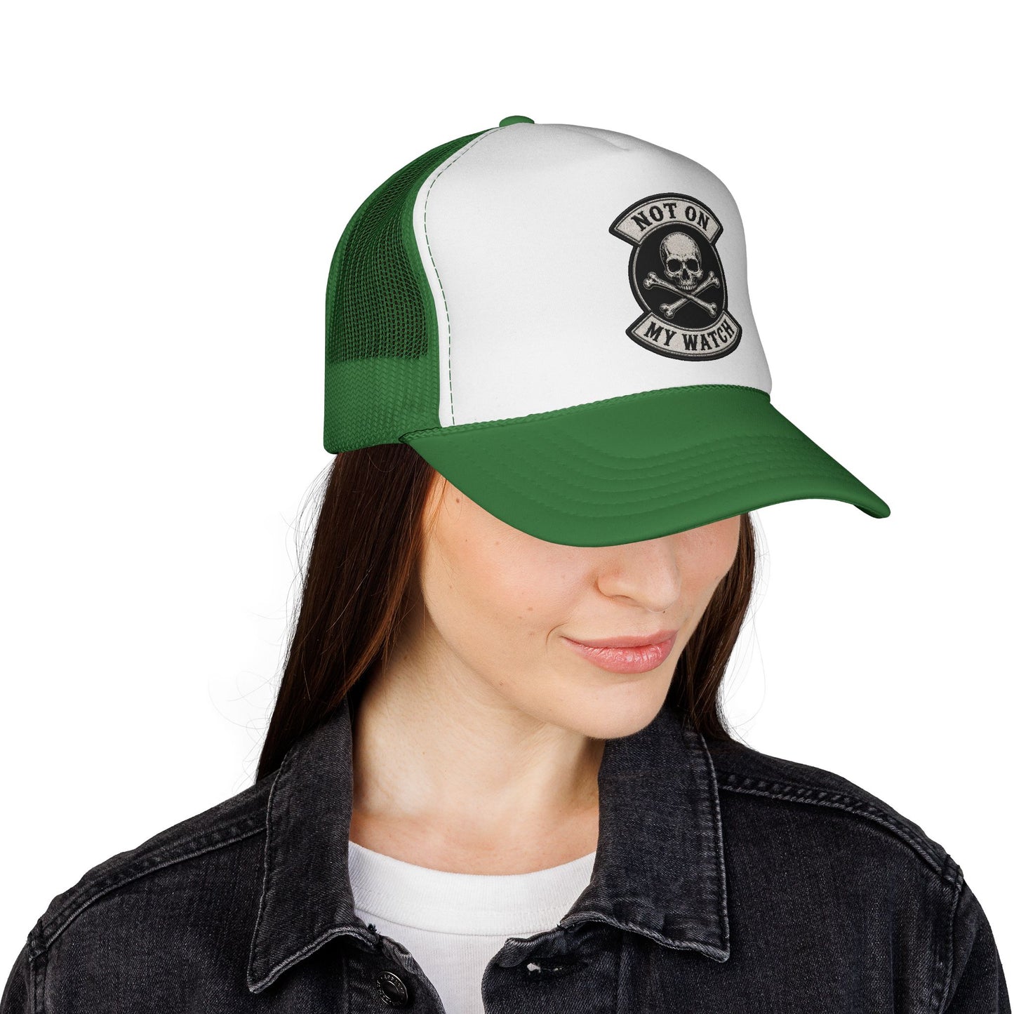 Not On My Watch Trucker Cap – Skull & Crossbones Patch Hat