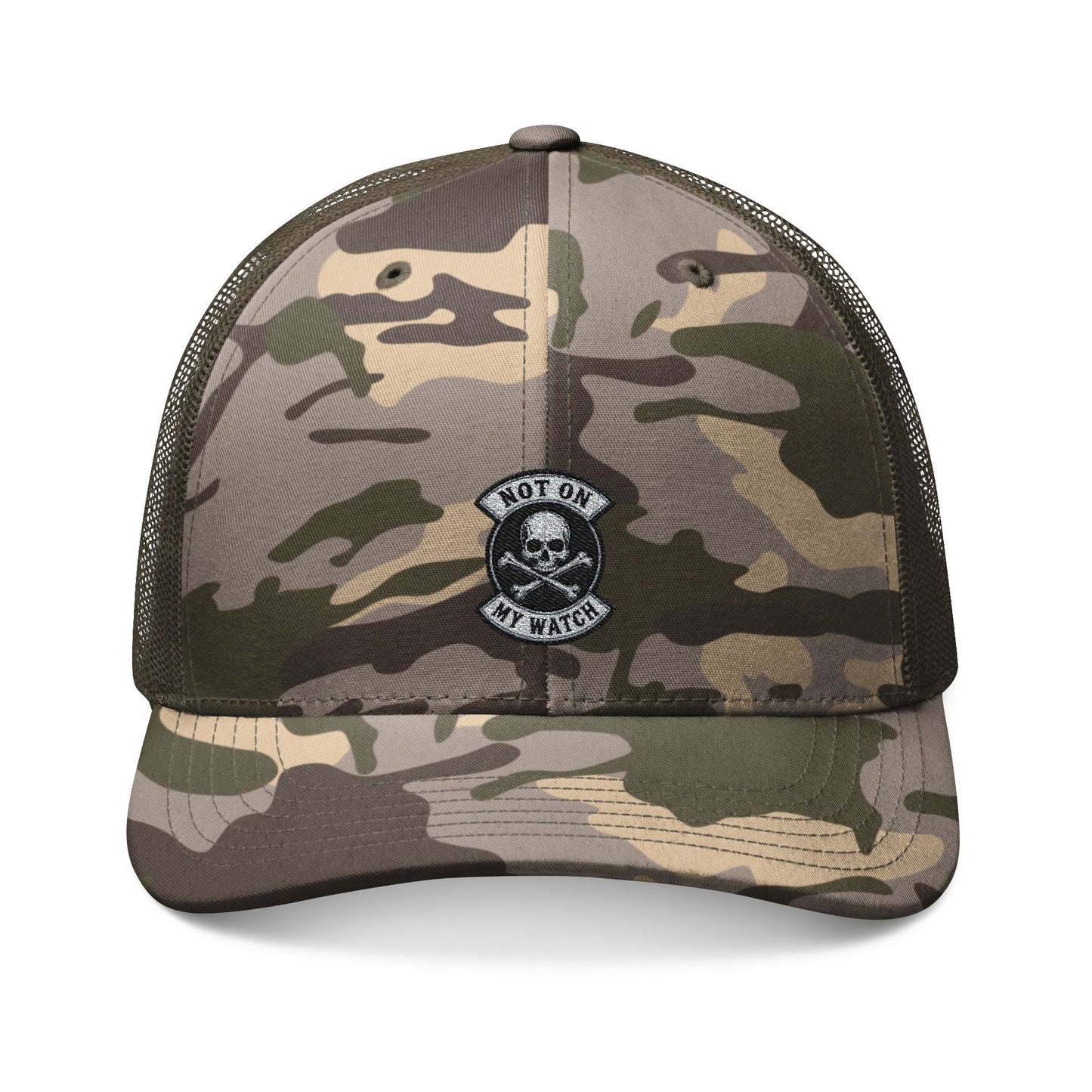 Not On My Watch Camo Trucker Hat — Embroidered Skull Patch Mesh Back Cap